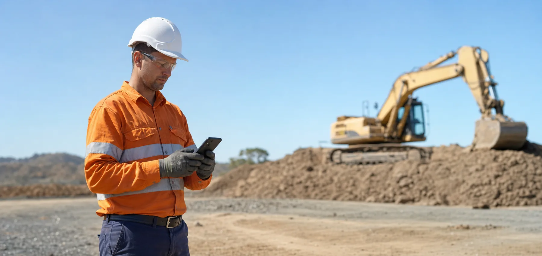 Construction worker completing a mobile pre-start beside earthmoving equipment