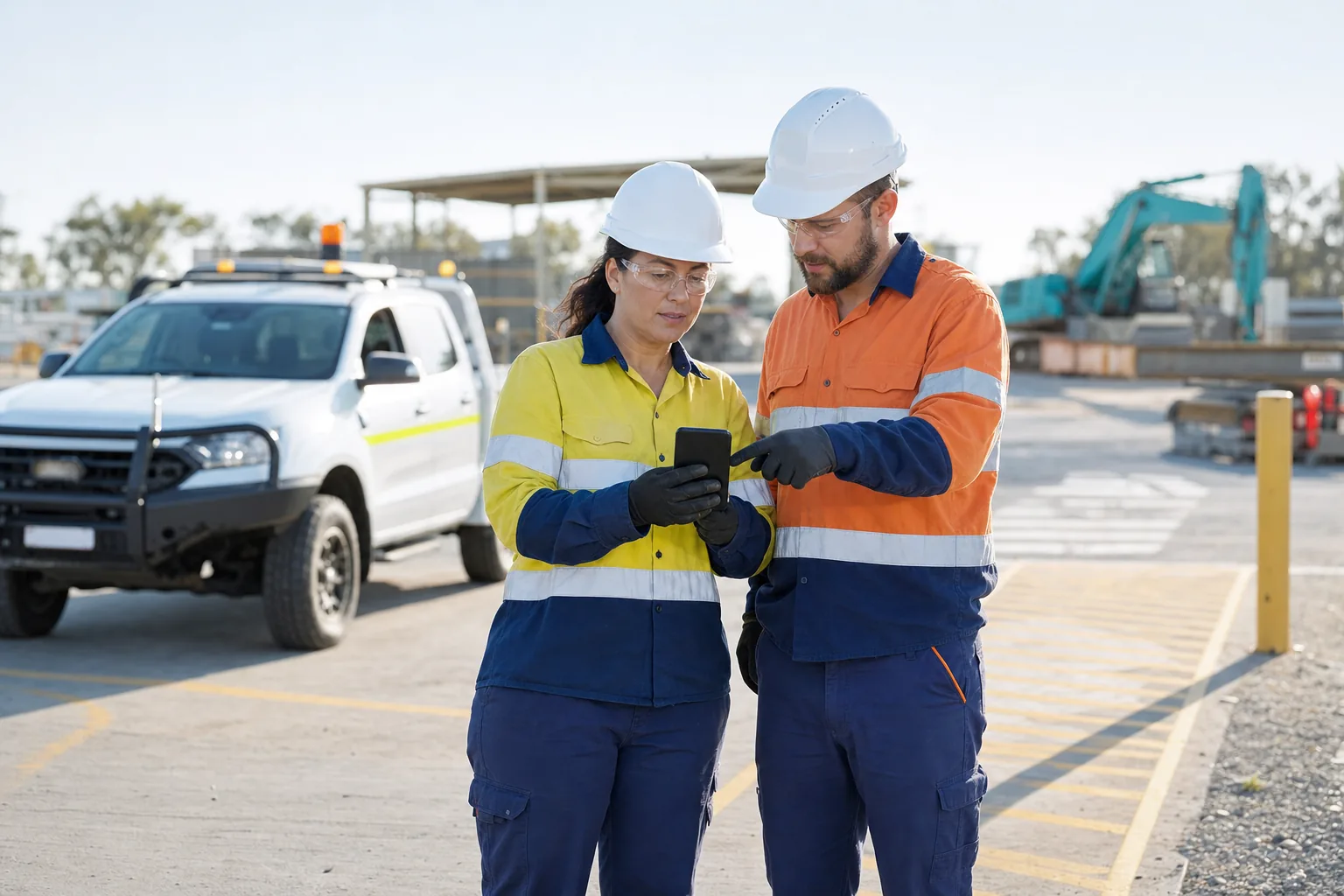 Two construction workers reviewing a field workflow together on a mobile device