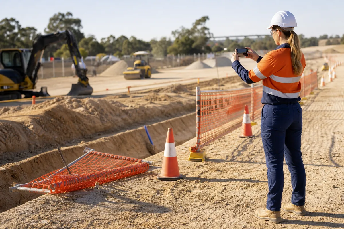 Construction worker capturing hazard evidence on an active Australian worksite