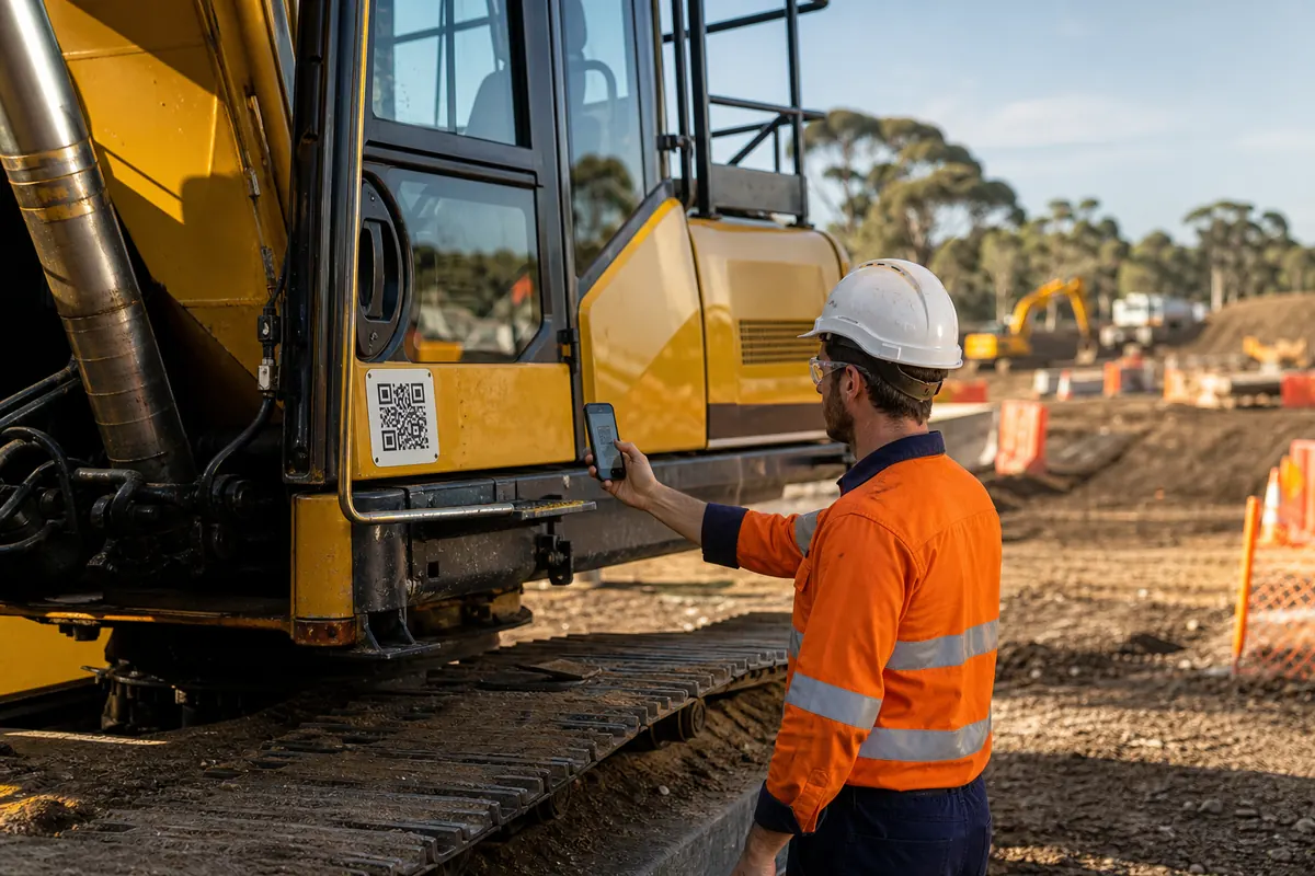 A field worker scanning a QR asset label mounted beside a parked excavator