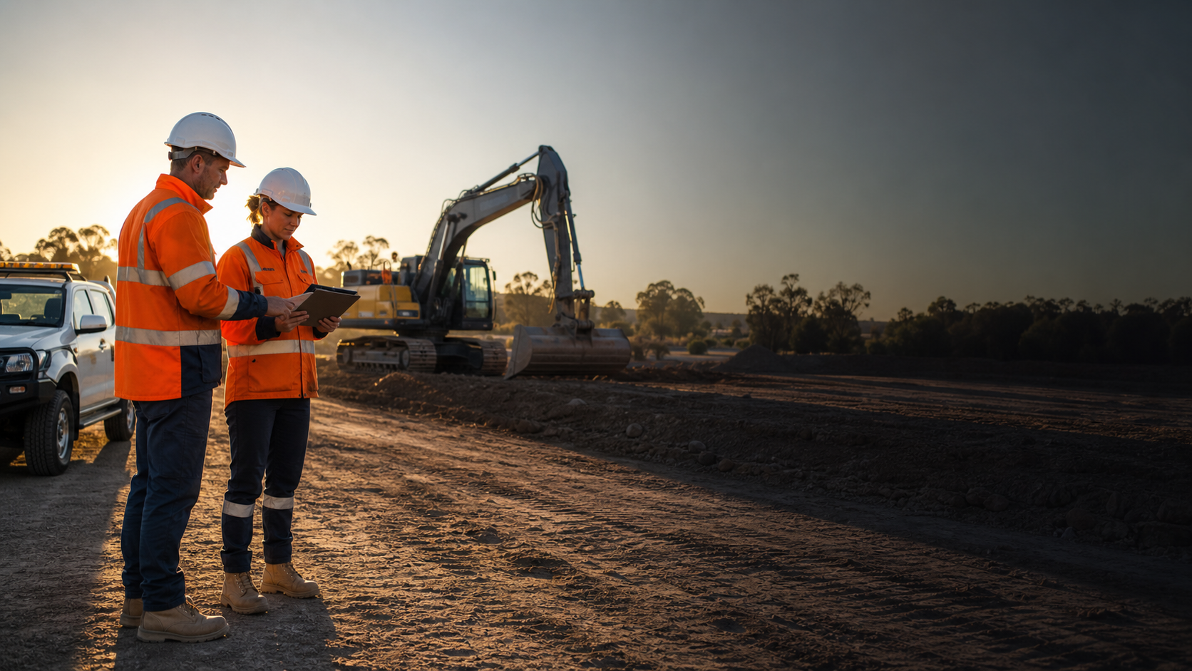 Australian construction workers beside earthmoving equipment with the current PreStartPilot phone and tablet applications displayed
