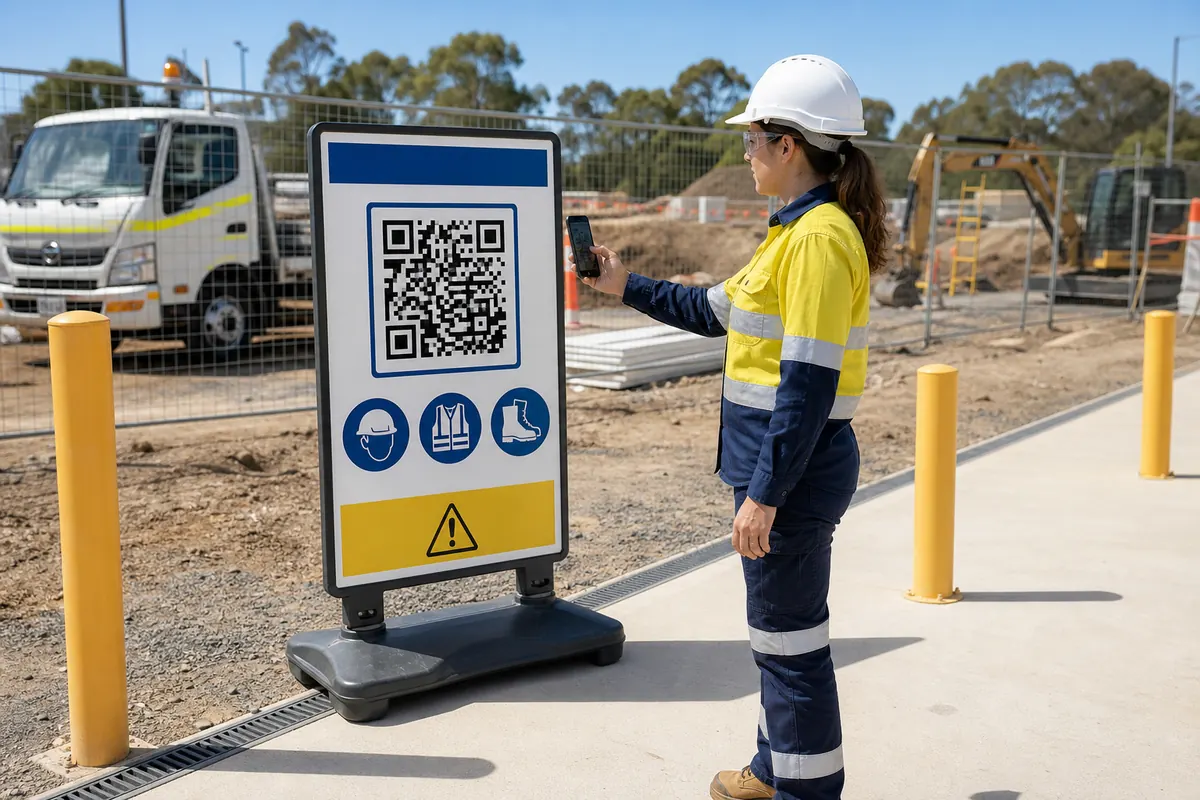 A field worker scanning a safety workflow QR code on a portable worksite board