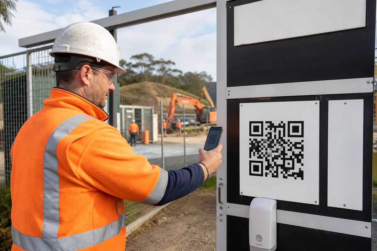 A construction worker scanning a mounted QR code at a controlled site entrance