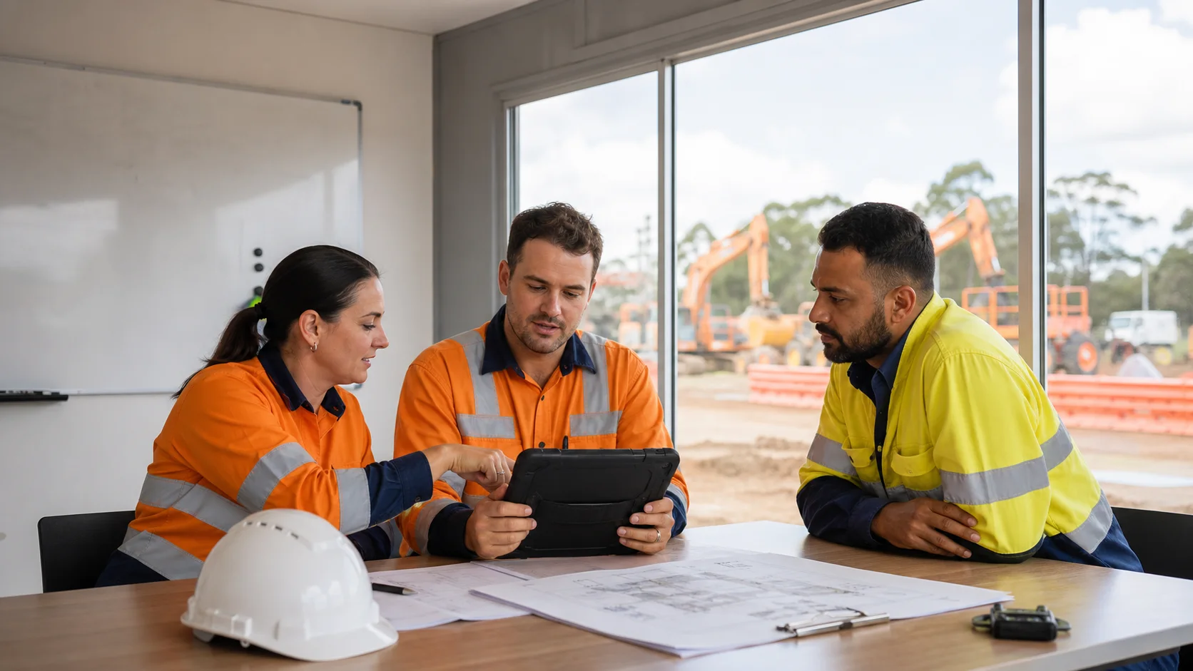 Australian site leaders reviewing operational priorities together in the site office