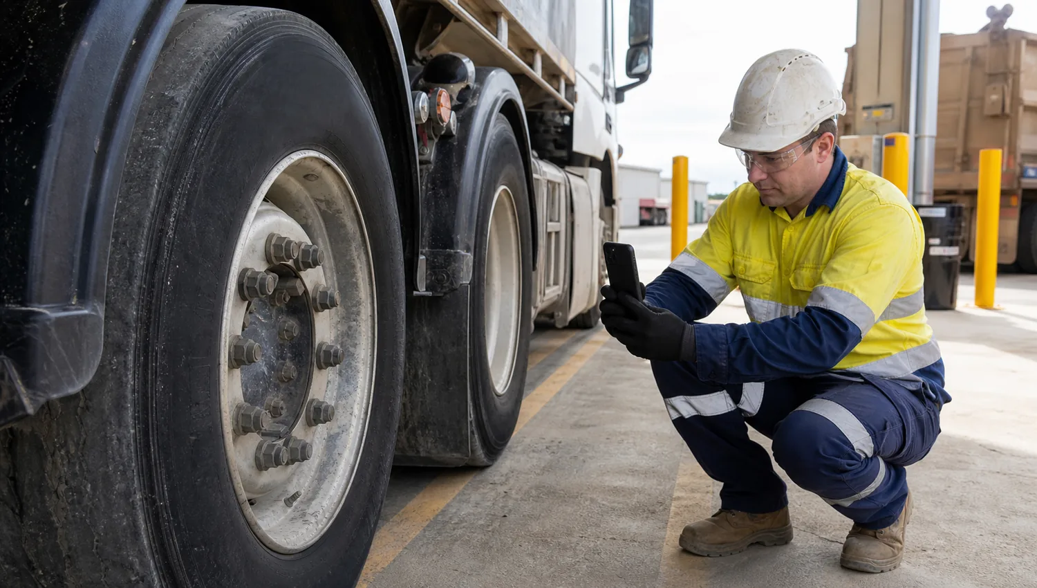 Worker capturing inspection evidence beside a heavy vehicle