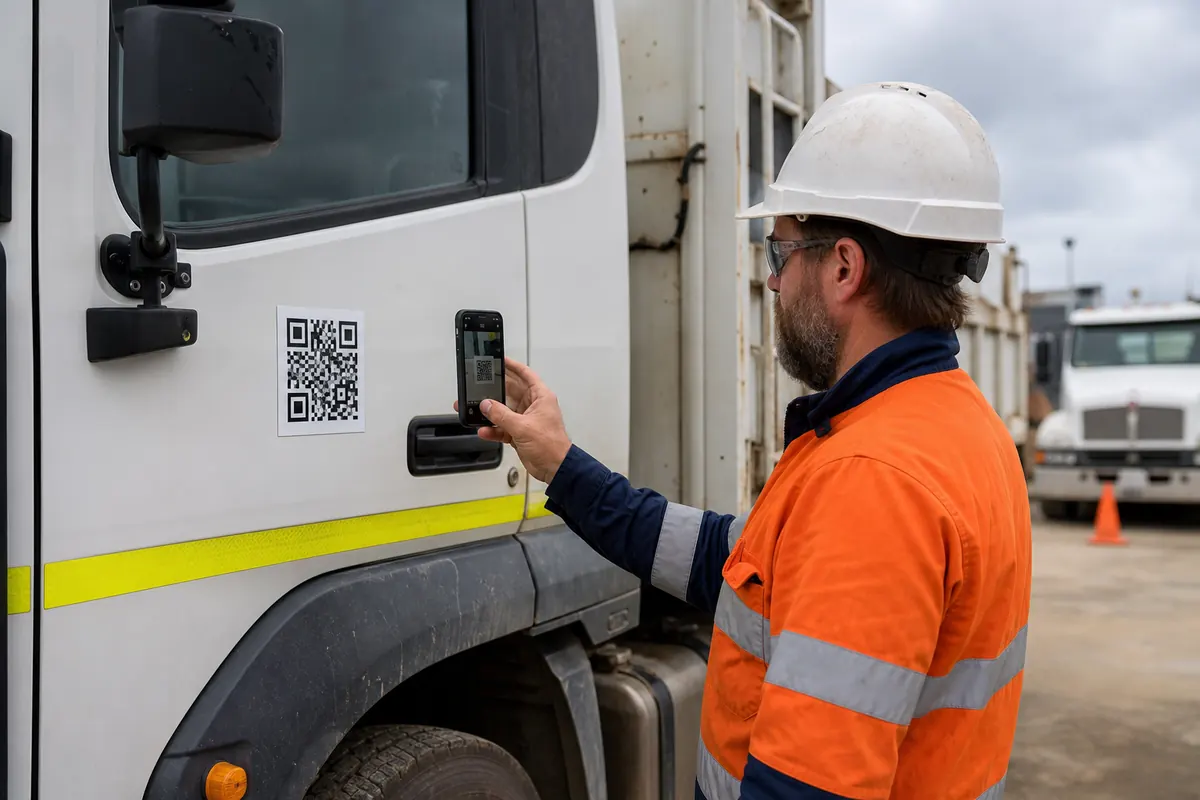 A high-visibility worker scanning a QR asset label mounted beside a truck door