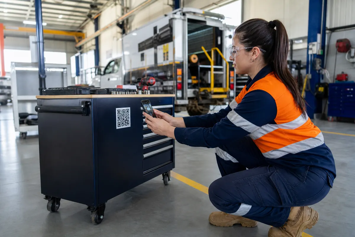 A workshop technician scanning a QR label on a mobile equipment cabinet