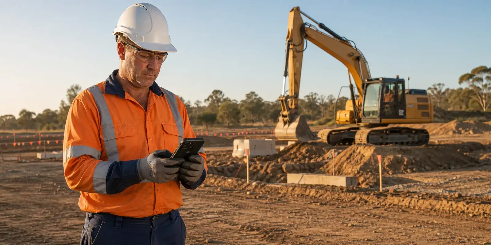 Construction worker using a mobile device beside earthmoving equipment on an Australian civil worksite