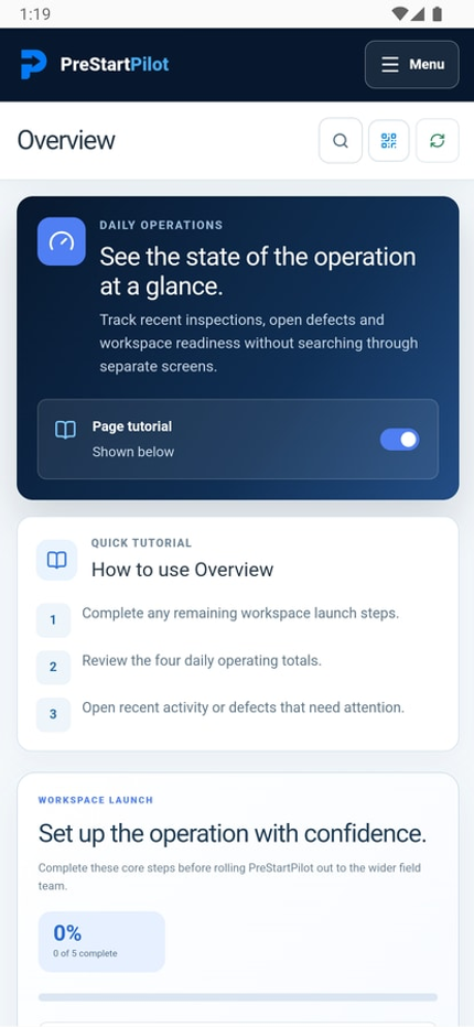 Current PreStartPilot Android phone application overview screen