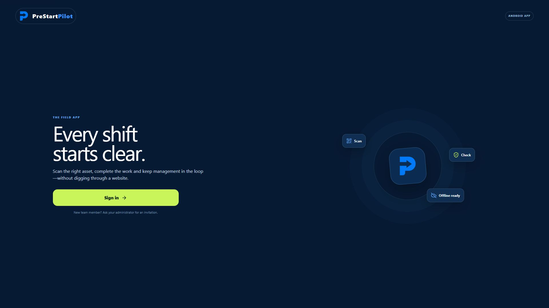 Current PreStartPilot Android tablet application welcome screen